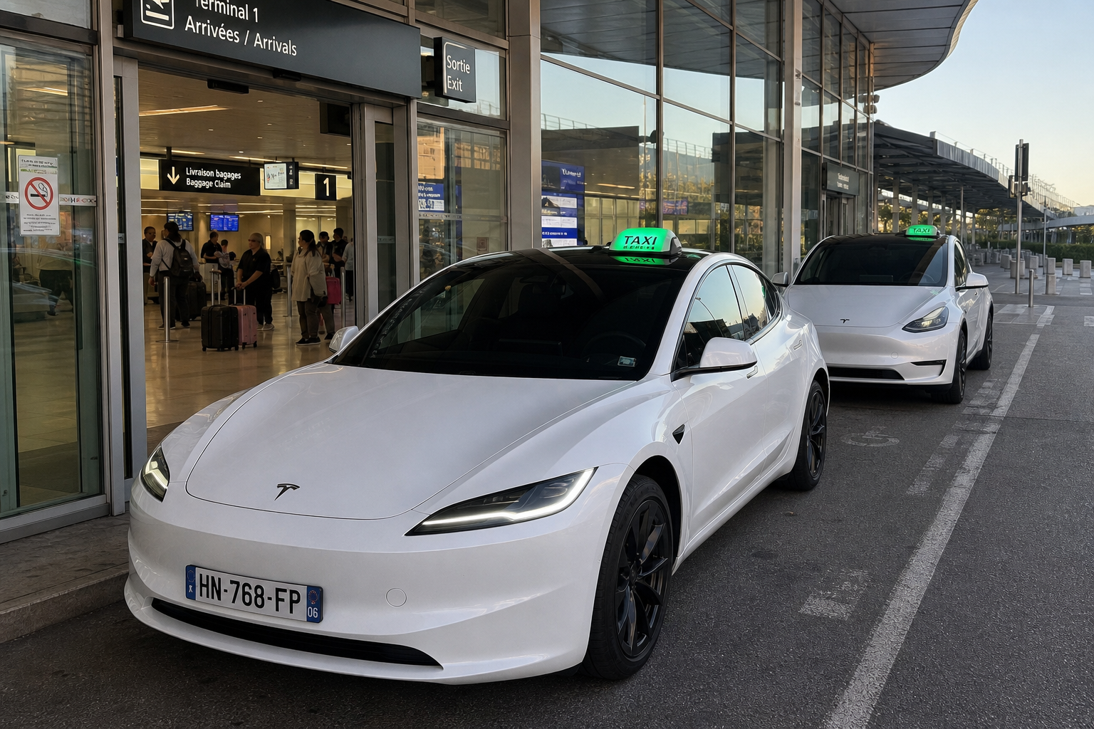 Taxi Tesla Cagnes-sur-Mer — prise en charge devant le hall des arrivées de l’aéroport Nice Côte d’Azur, transfert vers Cagnes-sur-Mer