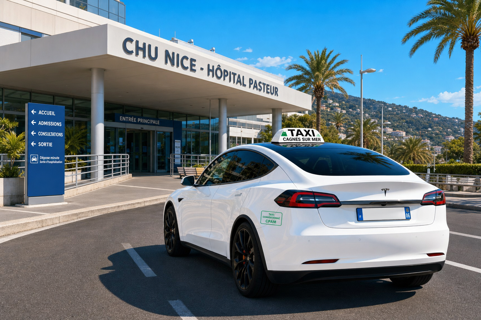 Taxi conventionné Cagnes-sur-Mer — sortie d’hospitalisation devant l’Hôpital Pasteur CHU Nice, transport retour domicile vers Cagnes-sur-Mer